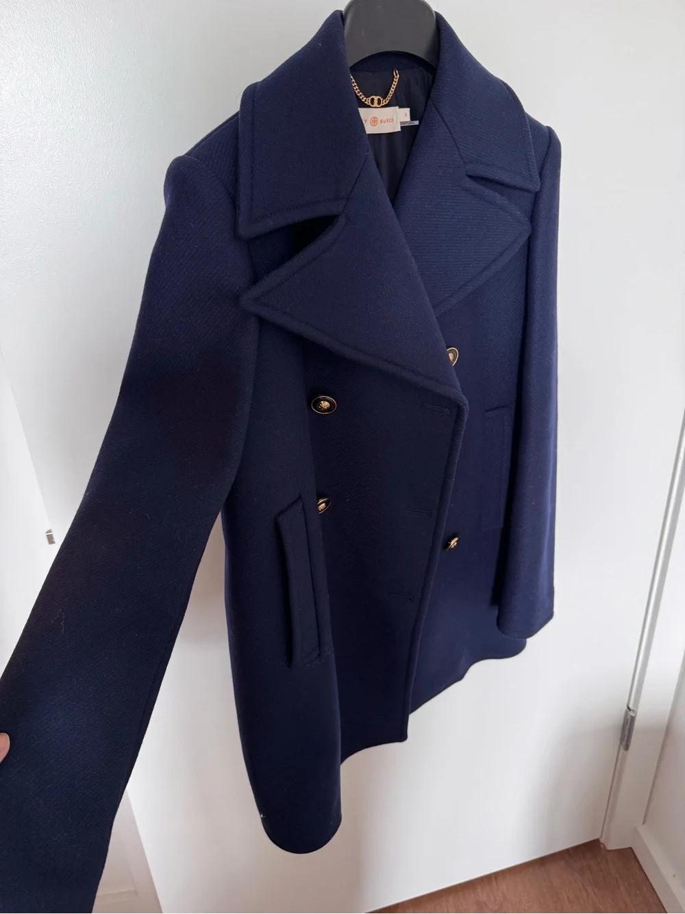 Tory Burch Wool Double Breasted Navy Blue Pea Coat Gold Buttons Pockets Size 0